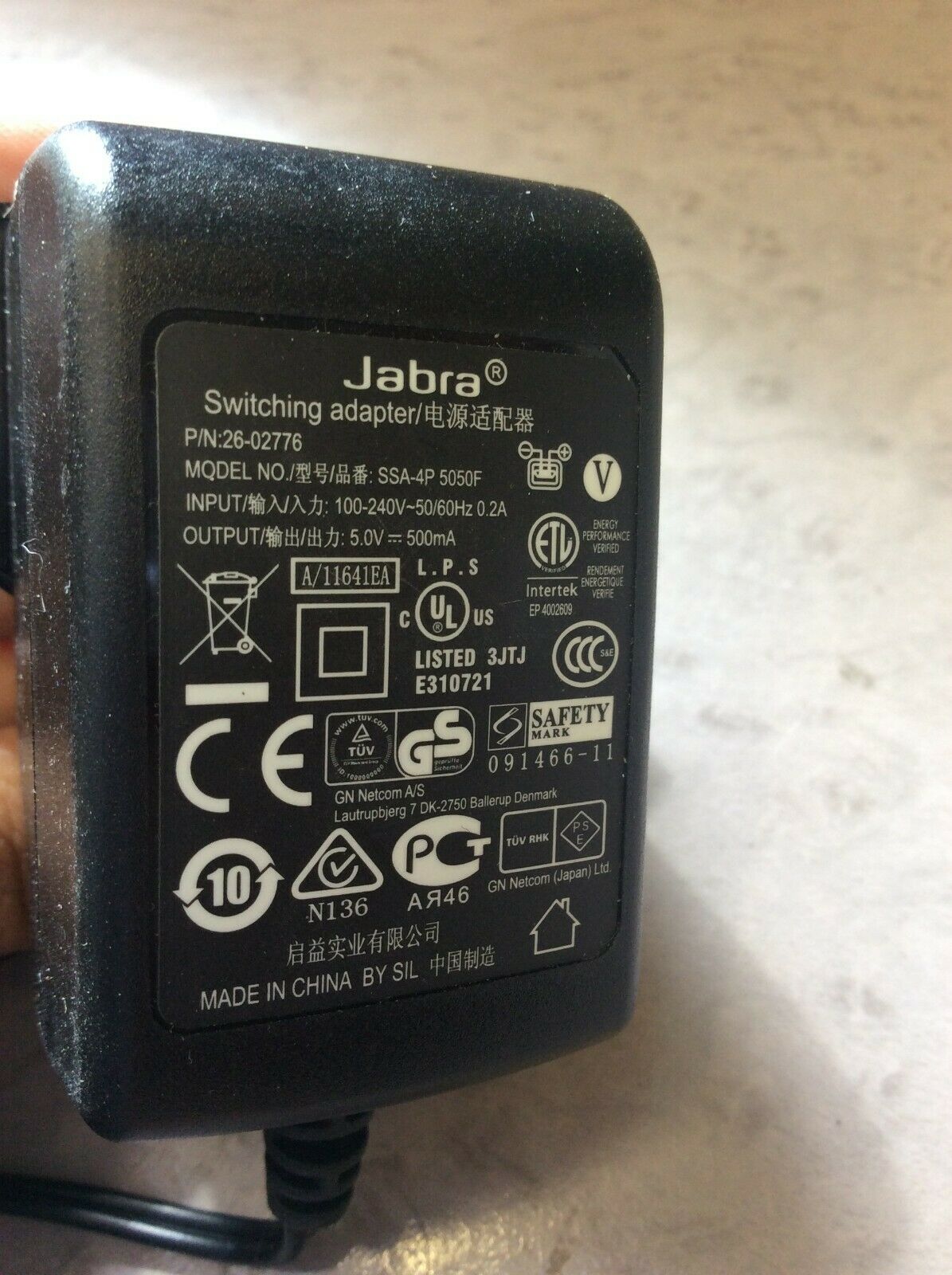 New Jabra SSA-4P 5050F 26-02776 Charger 5V 500mA ABR183 10648 Power Supply